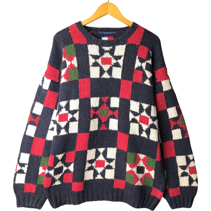 Tommy Hilfiger all-over print cotton knit sweater, men's size XL cotton navy blue type Vintage Second Hand