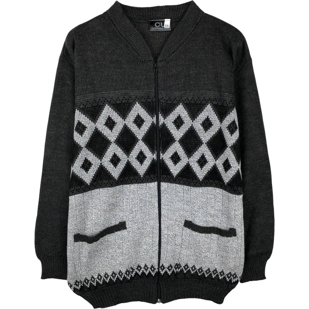 CLOTHING UNIT All-Over Print Acrylic Knit Full-Zip Sweater, Men's XXL acrylic black type Vintage Second Hand