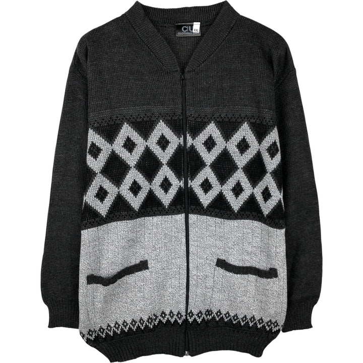 CLOTHING UNIT All-Over Print Acrylic Knit Full-Zip Sweater, Men's XXL acrylic black type Vintage Second Hand