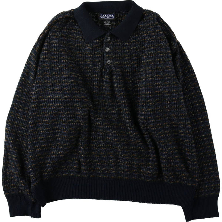 1990'S Jantzen CLASSICS all-over print polo knit sweater, men's size L equivalent, vintage. acrylic navy blue type Vintage Second Hand
