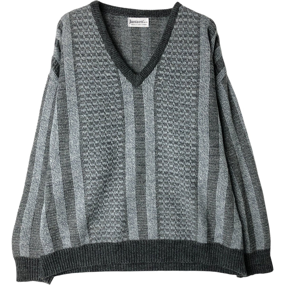 Jantzen Striped Mohair-Blend Acrylic Knit Sweater, Made in Canada, Men's Size XL, V-Neck acrylic gray type Vintage Second Hand