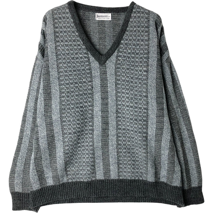Jantzen Striped Mohair-Blend Acrylic Knit Sweater, Made in Canada, Men's Size XL, V-Neck acrylic gray type Vintage Second Hand