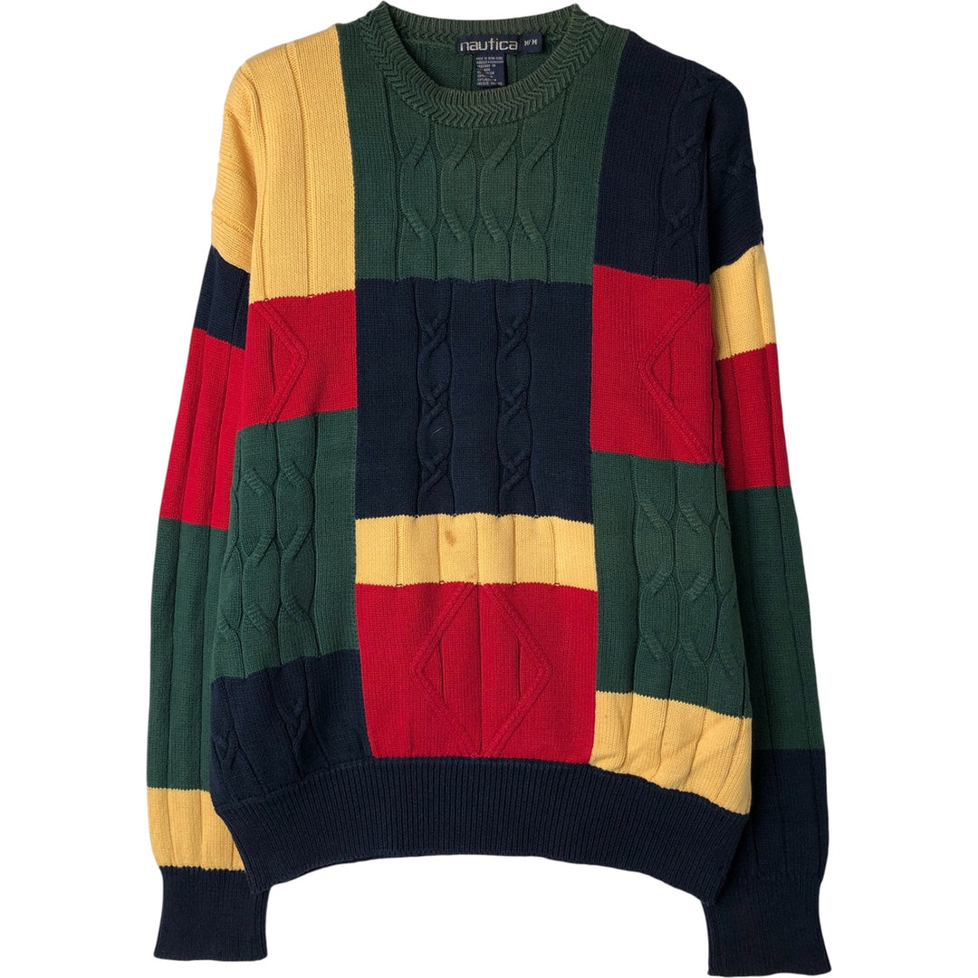 Vintage 90'S Nautica Crazy Pattern Cable Knit Cotton Sweater, Men's Size Medium cotton yellow type Vintage Second Hand