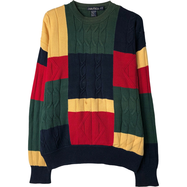 Vintage 90'S Nautica Crazy Pattern Cable Knit Cotton Sweater, Men's Size Medium cotton yellow type Vintage Second Hand