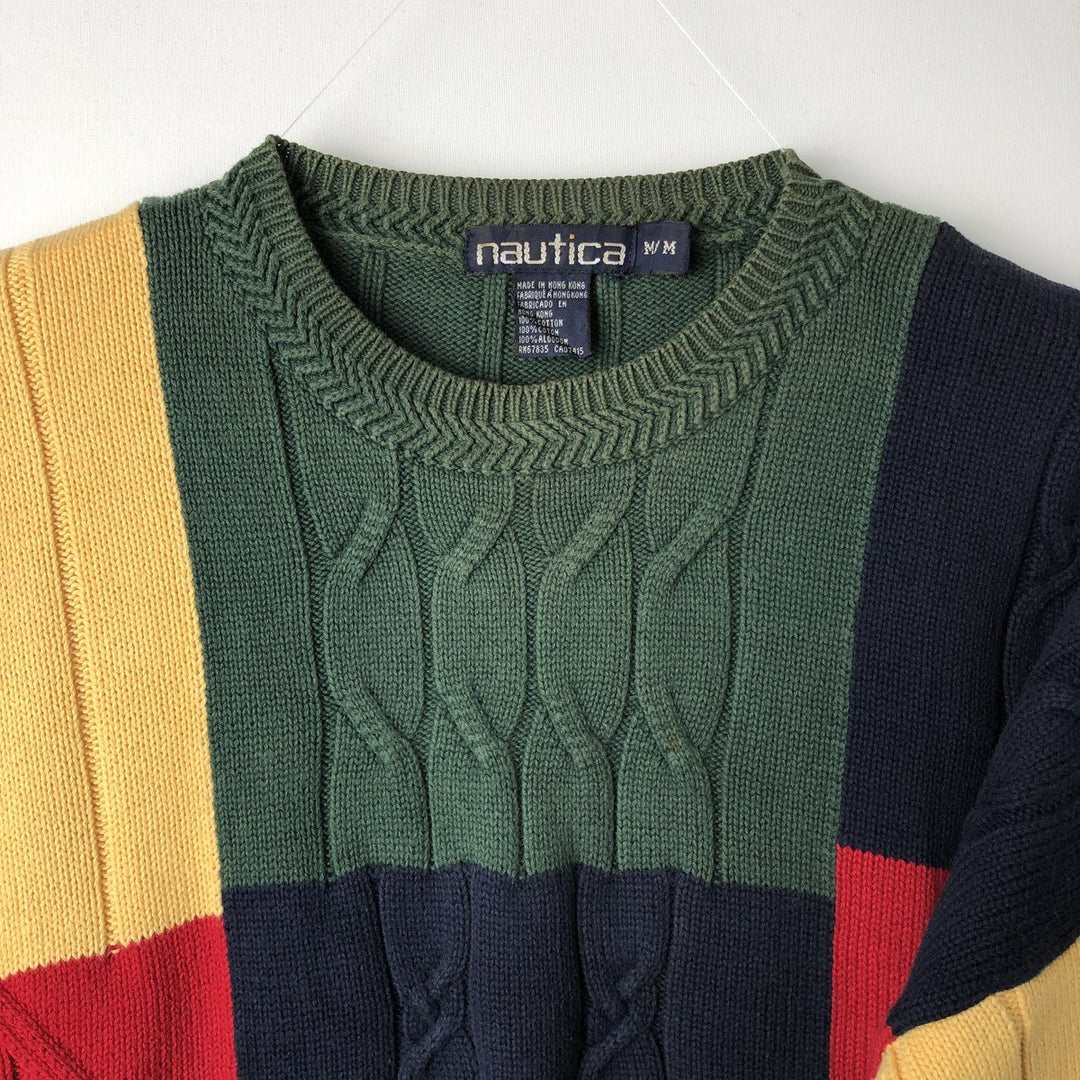 Vintage 90'S Nautica Crazy Pattern Cable Knit Cotton Sweater, Men's Size Medium cotton yellow type Vintage Second Hand
