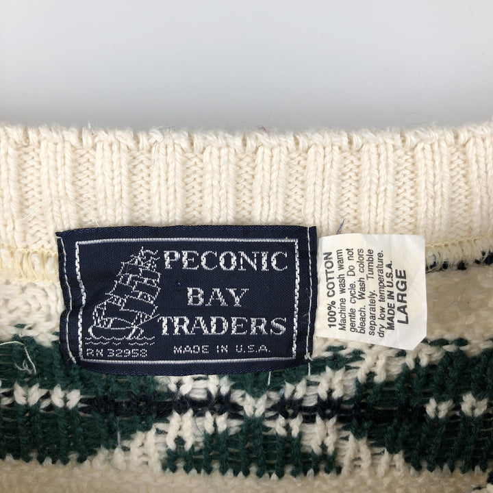 Vintage 1980'S Peconic Bay Traders all-over print cotton knit sweater, made in the USA, size L, men's cotton unbleached Vintage Second Hand
