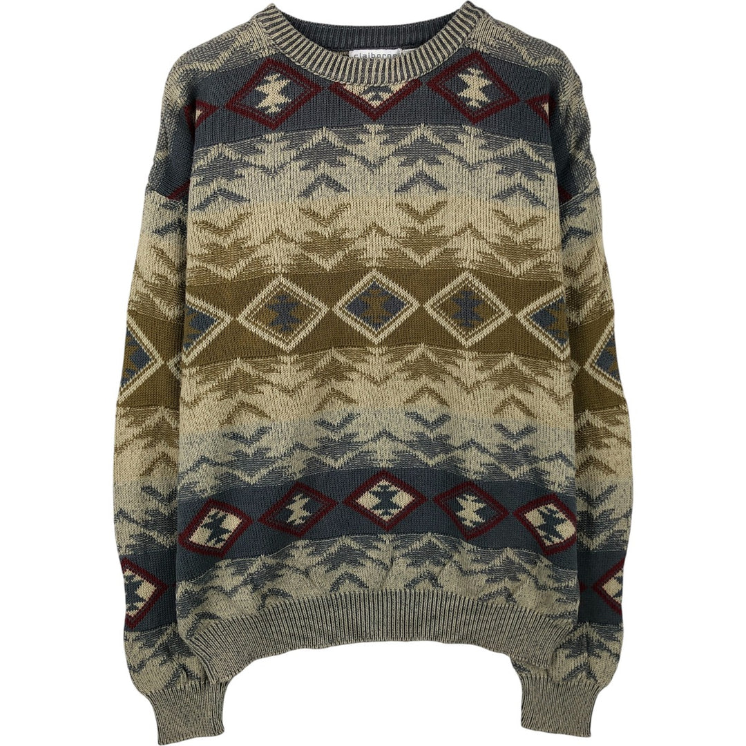 Vintage 90'S Liz Claiborne Native Pattern Cotton Knit Sweater, Made in USA, Men's Size Medium cotton Khaki type Vintage Second Hand