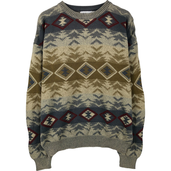 Vintage 90'S Liz Claiborne Native Pattern Cotton Knit Sweater, Made in USA, Men's Size Medium cotton Khaki type Vintage Second Hand