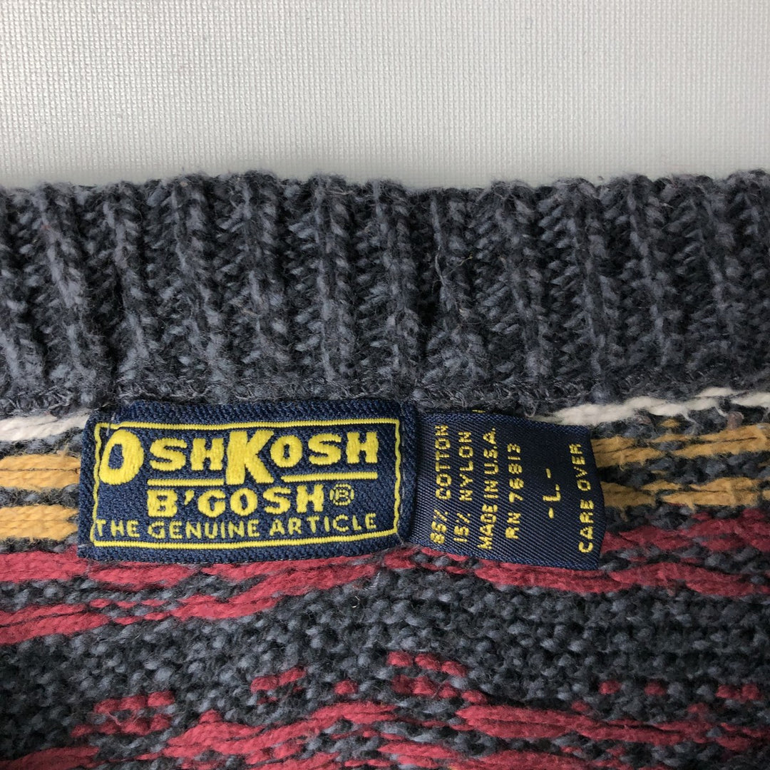 OSHKOSH All-Over Print Cotton Knit Sweater, Made in USA, Men's Size L cotton Charcoal Vintage Second Hand