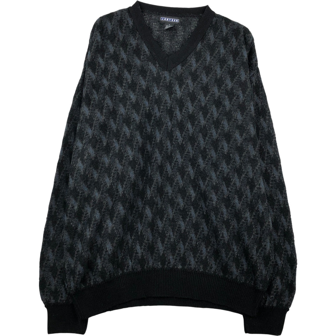 Jantzen All-Over Print V-Neck Acrylic Knit Sweater, Men's Size XL acrylic black type Vintage Second Hand