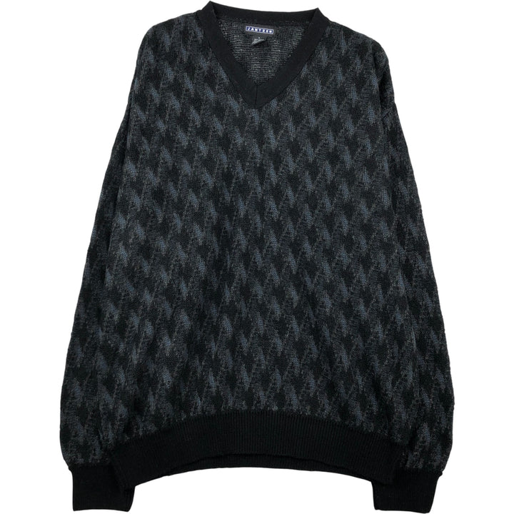Jantzen All-Over Print V-Neck Acrylic Knit Sweater, Men's Size XL acrylic black type Vintage Second Hand