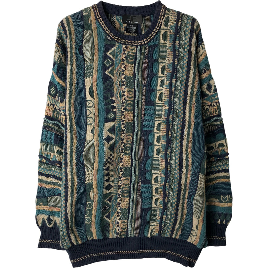 2000'S J.Ferrar all-over print 3D knit sweater, made in Bulgaria, men's size L cotton multicolor Vintage Second Hand