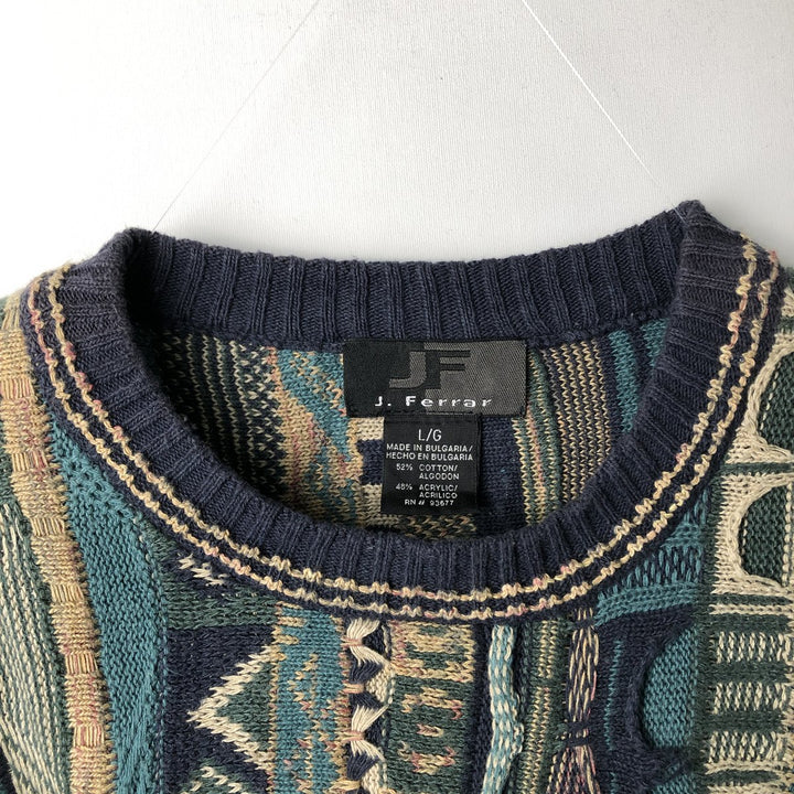 2000'S J.Ferrar all-over print 3D knit sweater, made in Bulgaria, men's size L cotton multicolor Vintage Second Hand