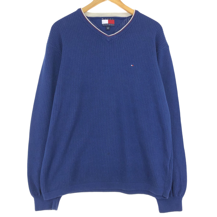 90s-00'S Tommy Hilfiger V-neck cotton knit sweater, men's size XL cotton navy blue type Vintage Second Hand