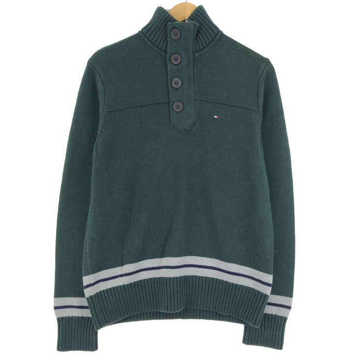 Tommy Hilfiger High-Neck Cotton Knit Half-Button Sweater, Men's Size M cotton green type Vintage Second Hand