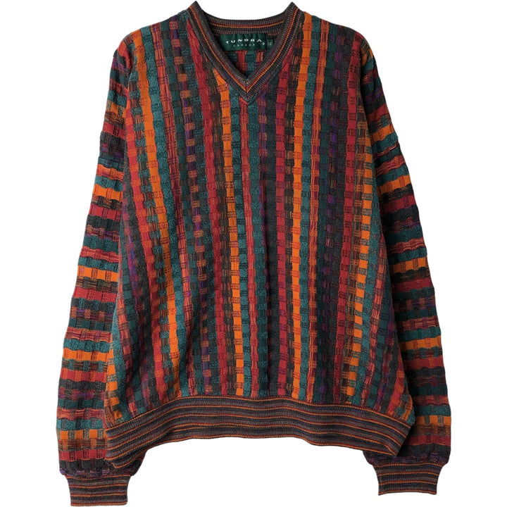 Vintage 90'S TUNDRA all-over print V-neck 3D knit sweater, made in Canada, men's size XL cotton multicolor Vintage Second Hand