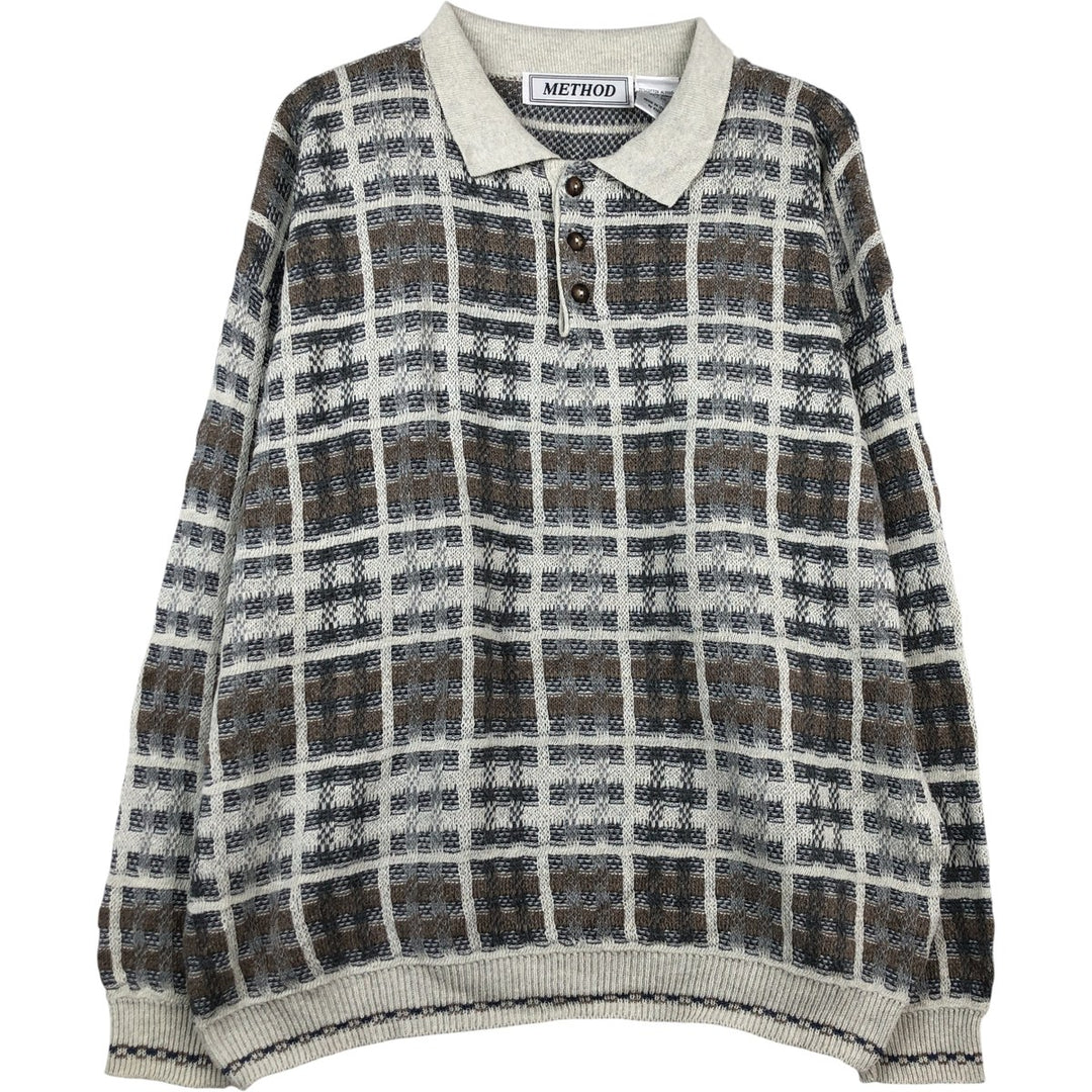 METHOD Check Pattern Polo Knit Sweater, Made in Italy, Men's XL cotton pale white type Vintage Second Hand