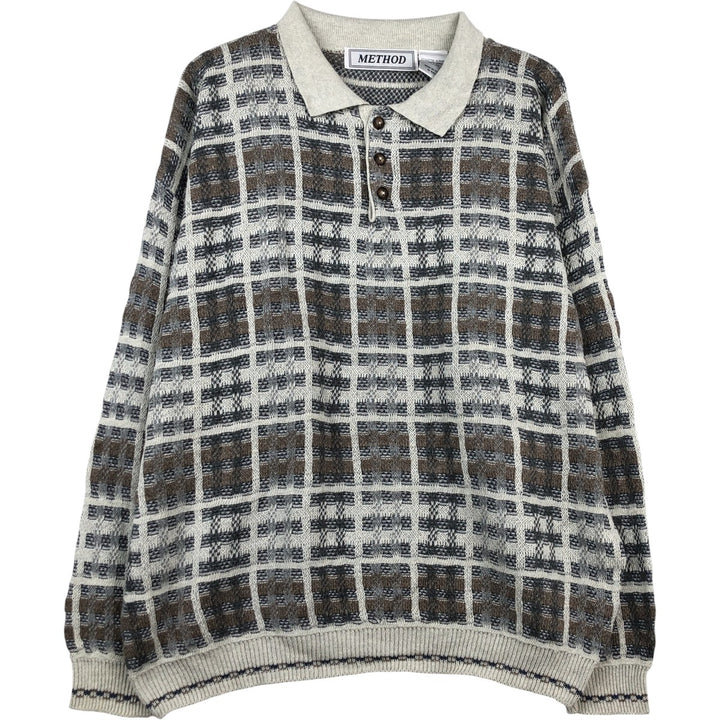 METHOD Check Pattern Polo Knit Sweater, Made in Italy, Men's XL cotton pale white type Vintage Second Hand