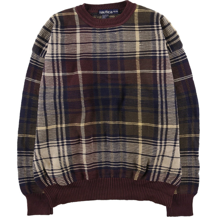 90'S Vintage Nautica Check Pattern Cotton Knit Sweater, Men's XL cotton Beige type Vintage Second Hand