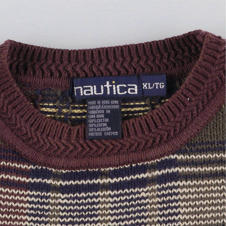 90'S Vintage Nautica Check Pattern Cotton Knit Sweater, Men's XL cotton Beige type Vintage Second Hand