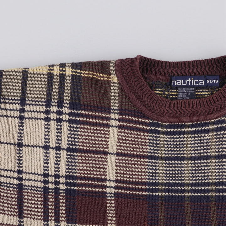 90'S Vintage Nautica Check Pattern Cotton Knit Sweater, Men's XL cotton Beige type Vintage Second Hand