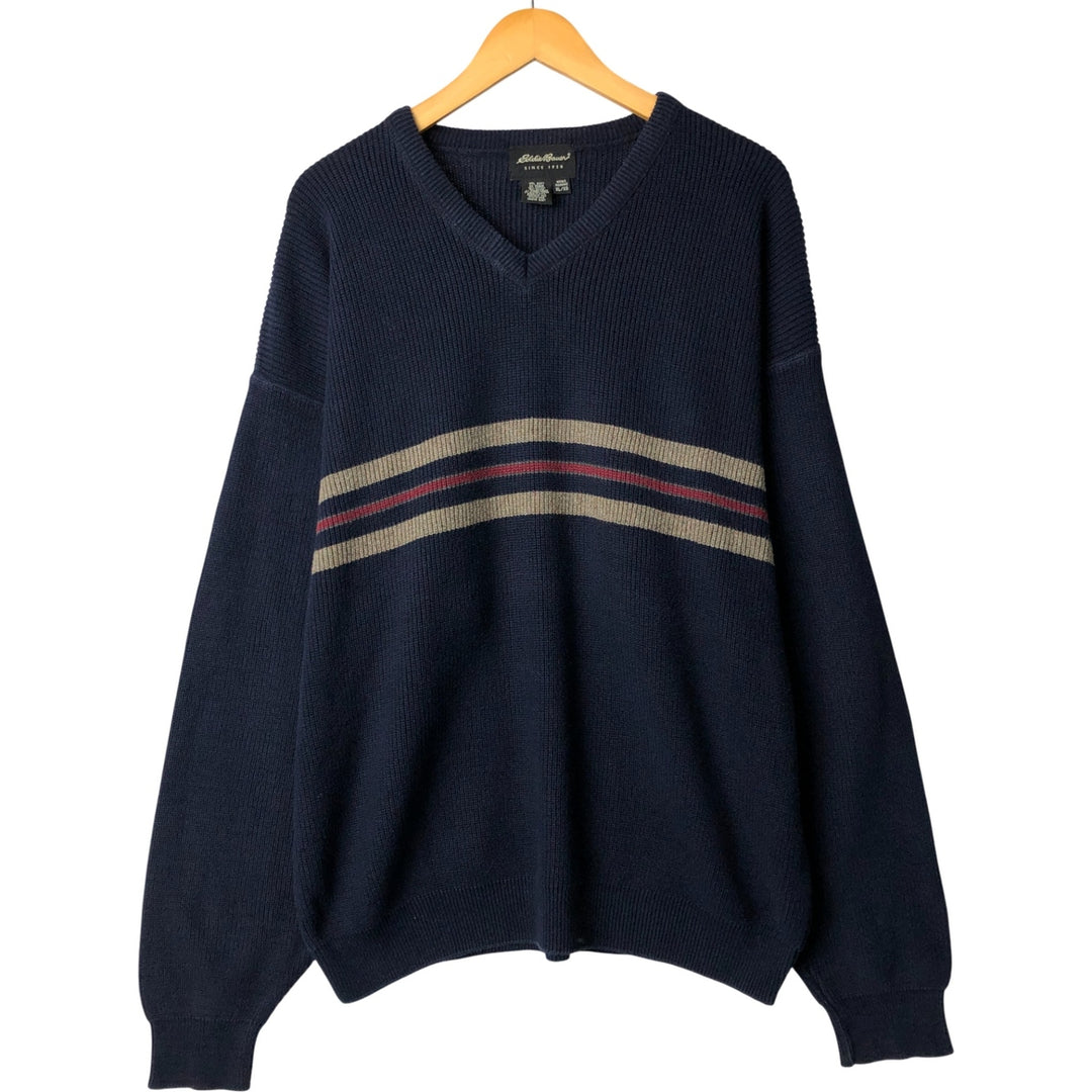 2000'S Eddie Bauer V-neck cotton knit sweater, Made in USA, Men's XL cotton navy blue type Vintage Second Hand