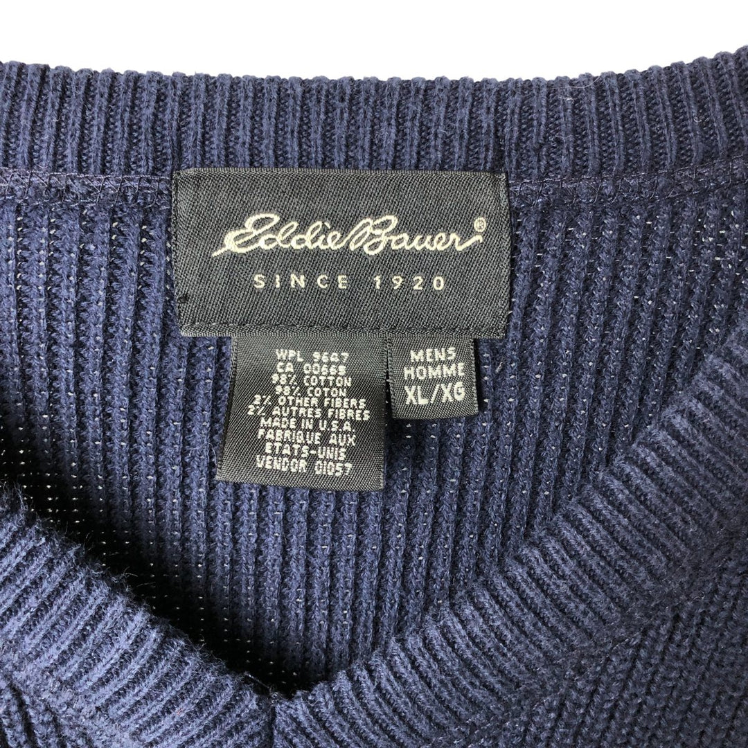 2000'S Eddie Bauer V-neck cotton knit sweater, Made in USA, Men's XL cotton navy blue type Vintage Second Hand