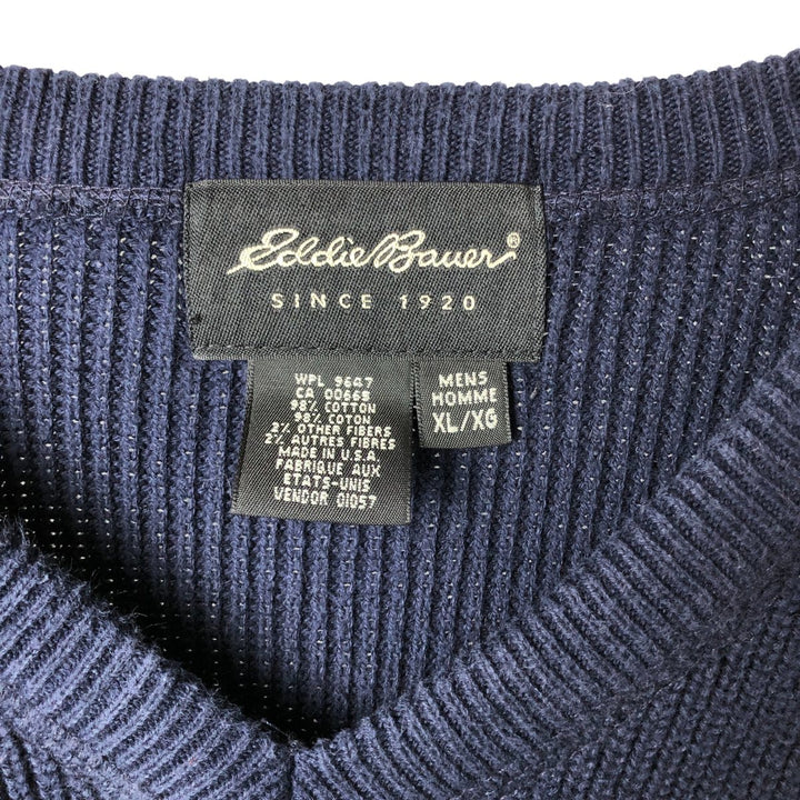 2000'S Eddie Bauer V-neck cotton knit sweater, Made in USA, Men's XL cotton navy blue type Vintage Second Hand