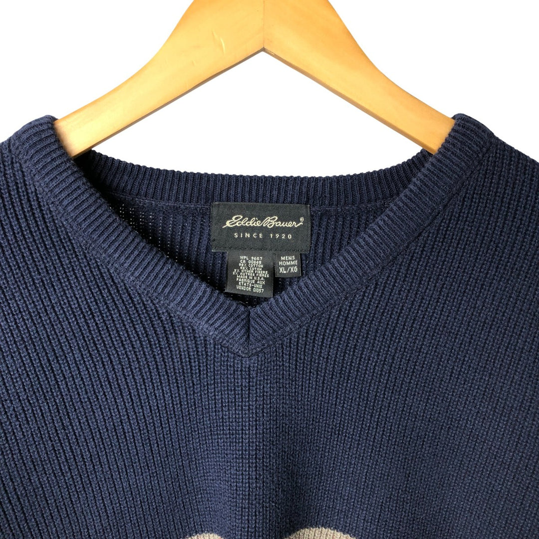 2000'S Eddie Bauer V-neck cotton knit sweater, Made in USA, Men's XL cotton navy blue type Vintage Second Hand