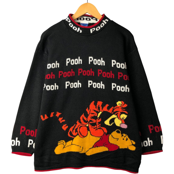 90'S Winnie the Pooh all-over print mock neck acrylic knit sweater, Made in USA, Men's size M, Vintage acrylic black type Vintage Second Hand