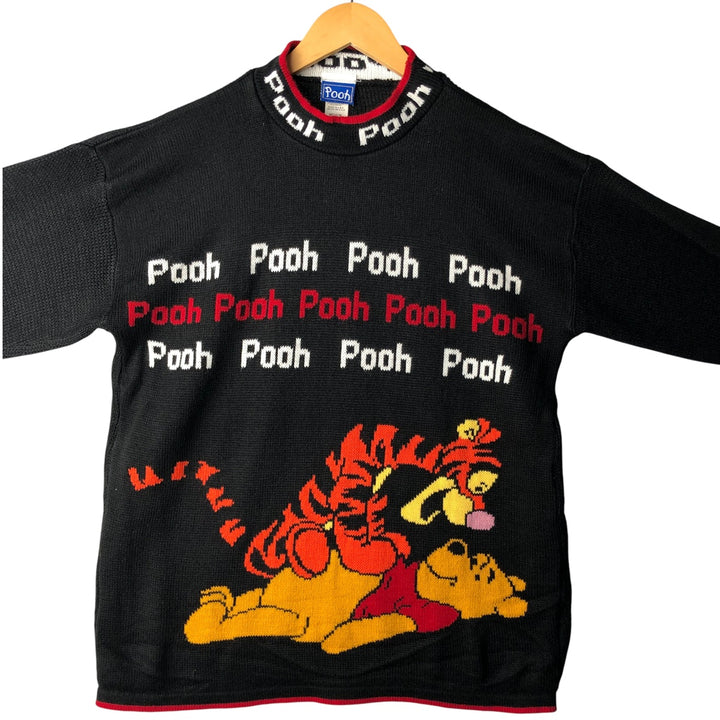 90'S Winnie the Pooh all-over print mock neck acrylic knit sweater, Made in USA, Men's size M, Vintage acrylic black type Vintage Second Hand