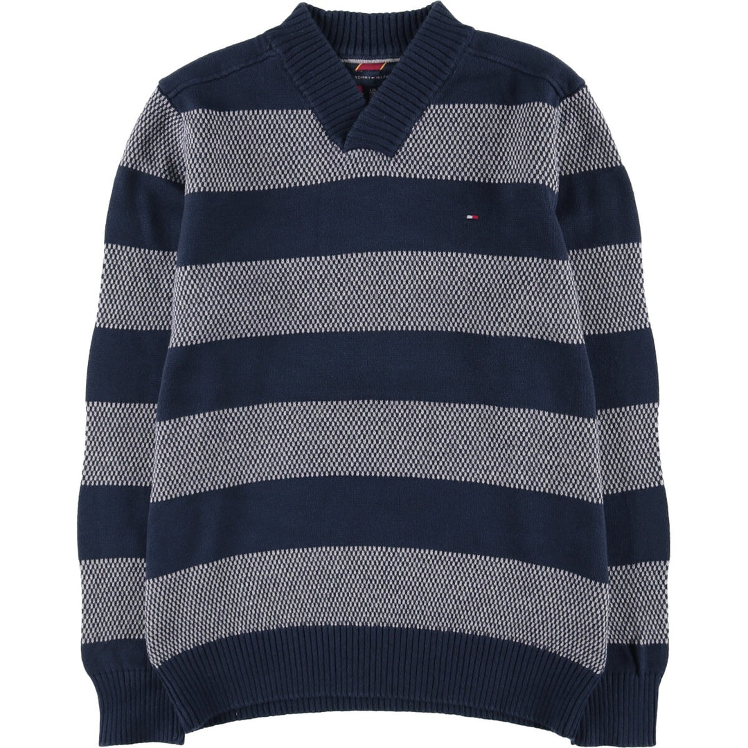 Tommy Hilfiger Striped V-Neck Cotton Knit Sweater, Men's Size L cotton navy blue type Vintage Second Hand