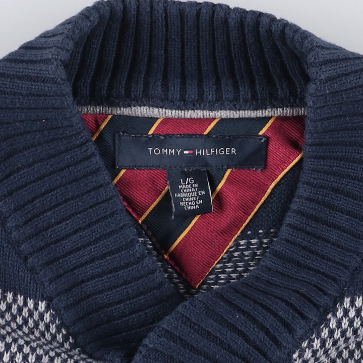 Tommy Hilfiger Striped V-Neck Cotton Knit Sweater, Men's Size L cotton navy blue type Vintage Second Hand