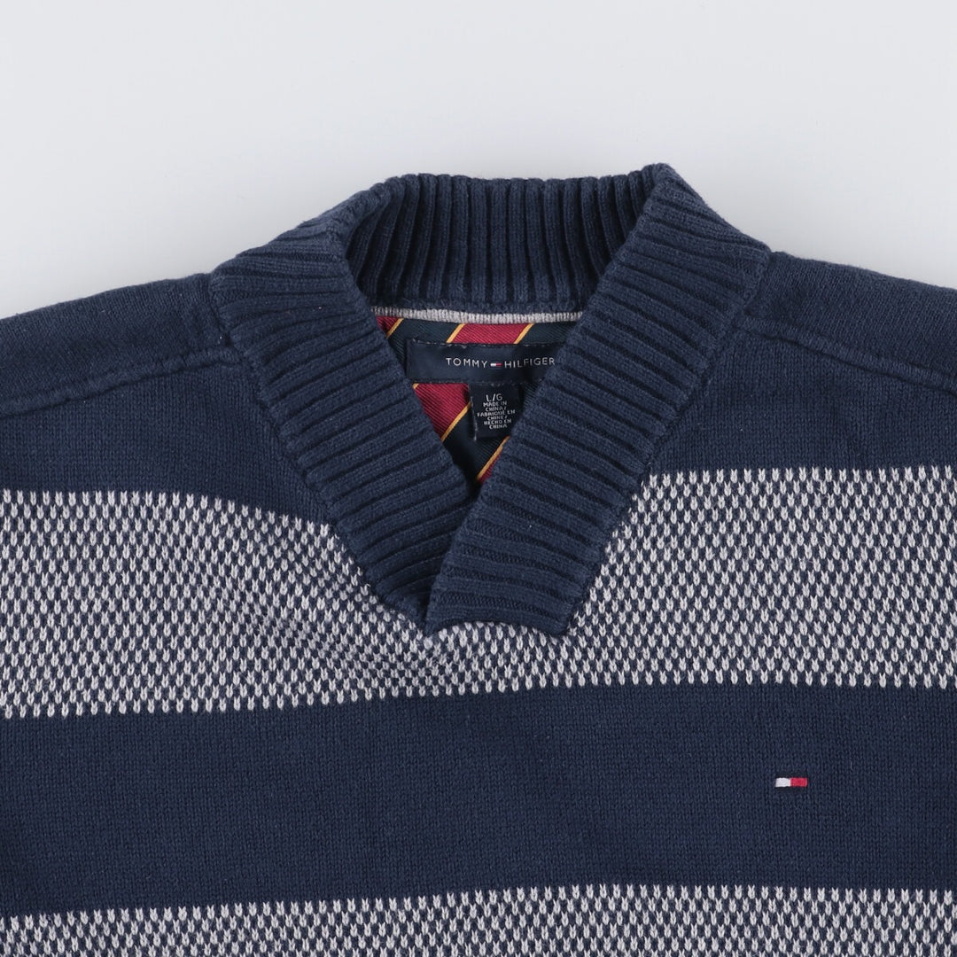 Tommy Hilfiger Striped V-Neck Cotton Knit Sweater, Men's Size L cotton navy blue type Vintage Second Hand