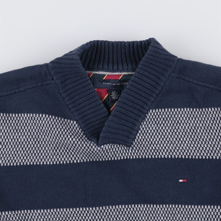 Tommy Hilfiger Striped V-Neck Cotton Knit Sweater, Men's Size L cotton navy blue type Vintage Second Hand