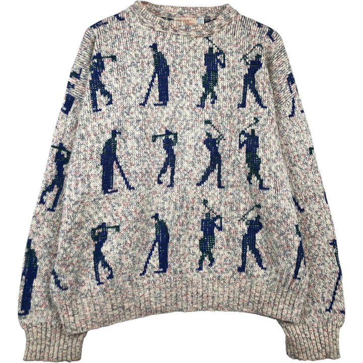 THE FOX COLLECTION All-Over Print Cotton Knit Sweater, Made in USA, Men's Size XL cotton pale white type Vintage Second Hand