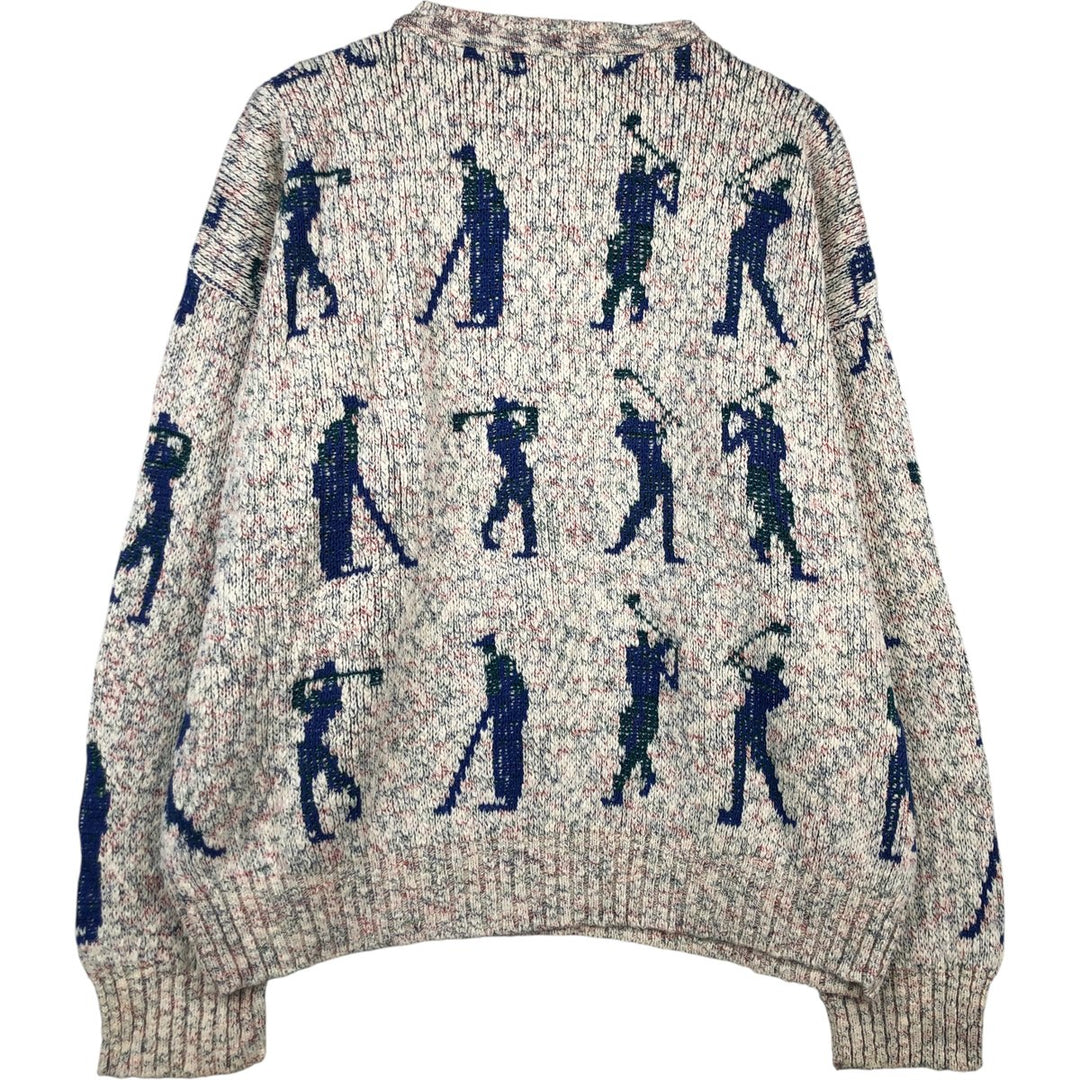 THE FOX COLLECTION All-Over Print Cotton Knit Sweater, Made in USA, Men's Size XL cotton pale white type Vintage Second Hand