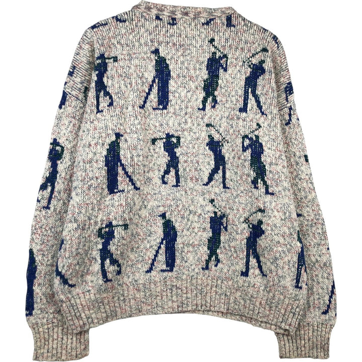 THE FOX COLLECTION All-Over Print Cotton Knit Sweater, Made in USA, Men's Size XL cotton pale white type Vintage Second Hand