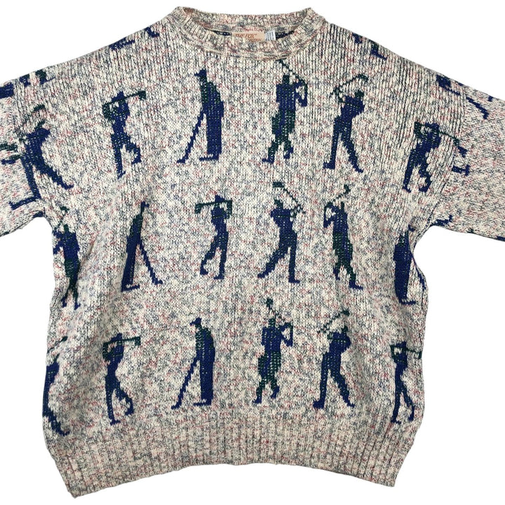 THE FOX COLLECTION All-Over Print Cotton Knit Sweater, Made in USA, Men's Size XL cotton pale white type Vintage Second Hand