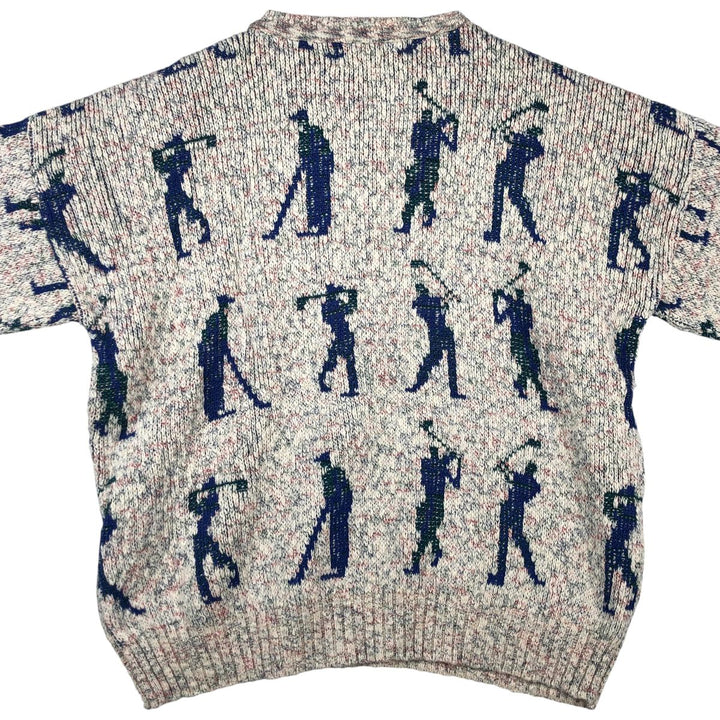 THE FOX COLLECTION All-Over Print Cotton Knit Sweater, Made in USA, Men's Size XL cotton pale white type Vintage Second Hand