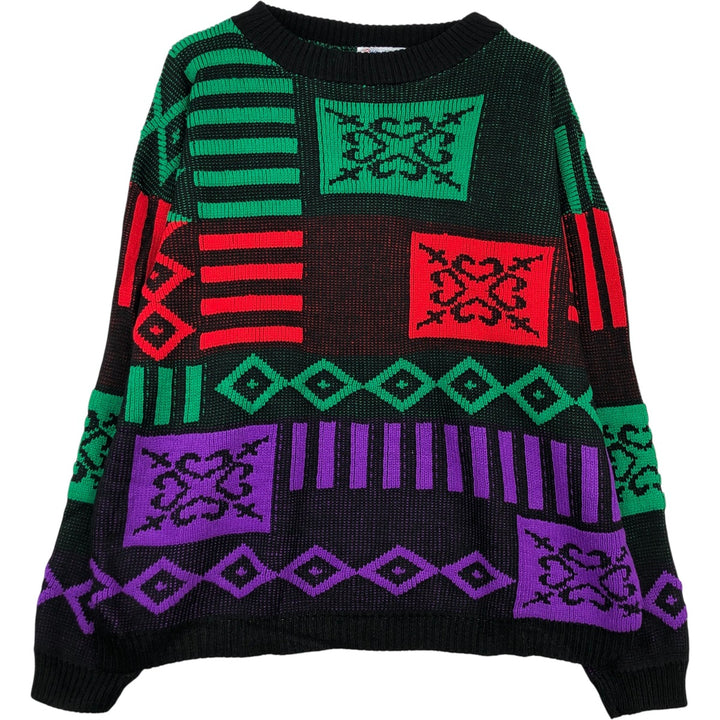 Distinctive Sportswear All-Over Print Acrylic Knit Sweater, Men's Size L acrylic black type Vintage Second Hand