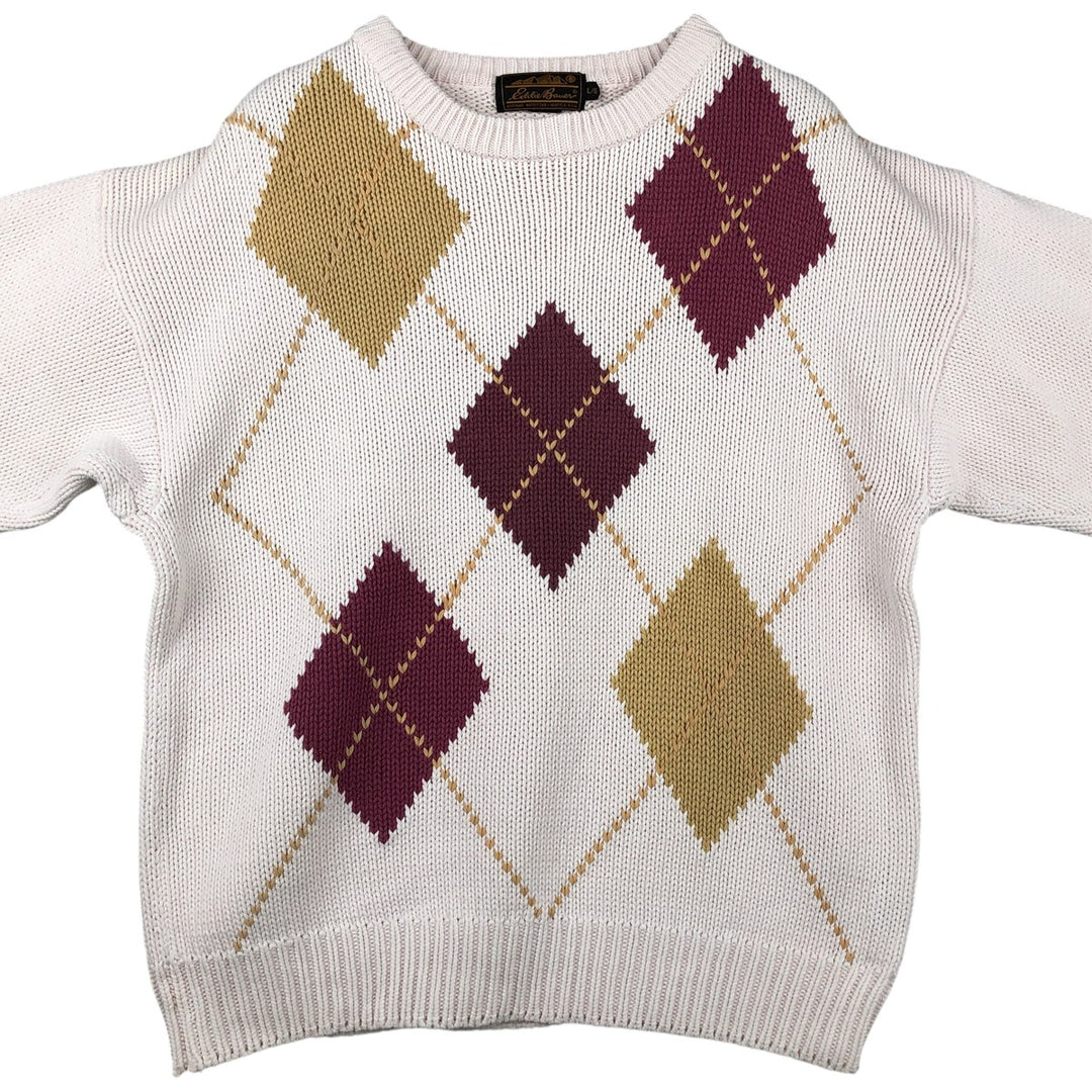Vintage 80s-90'S Eddie Bauer Argyle Pattern Cotton Knit Sweater, Men's Size L cotton white type Vintage Second Hand