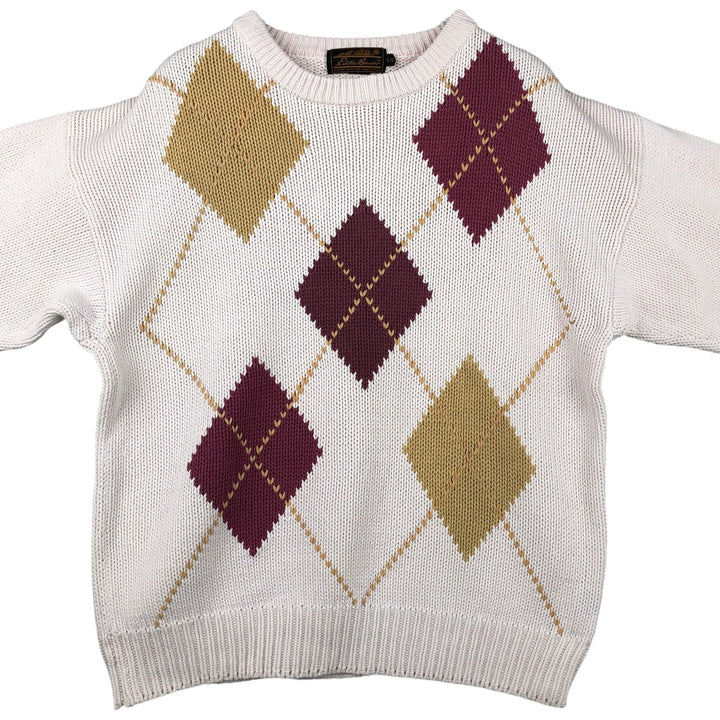 Vintage 80s-90'S Eddie Bauer Argyle Pattern Cotton Knit Sweater, Men's Size L cotton white type Vintage Second Hand