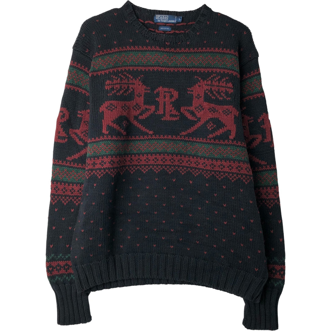 Ralph Lauren POLO by Ralph Lauren all-over print cotton knit sweater, men's size L cotton black type Vintage Second Hand