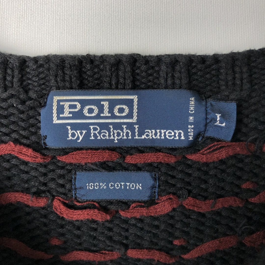 Ralph Lauren POLO by Ralph Lauren all-over print cotton knit sweater, men's size L cotton black type Vintage Second Hand