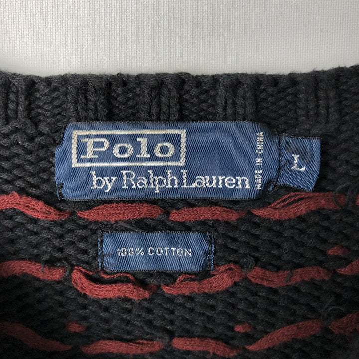 Ralph Lauren POLO by Ralph Lauren all-over print cotton knit sweater, men's size L cotton black type Vintage Second Hand