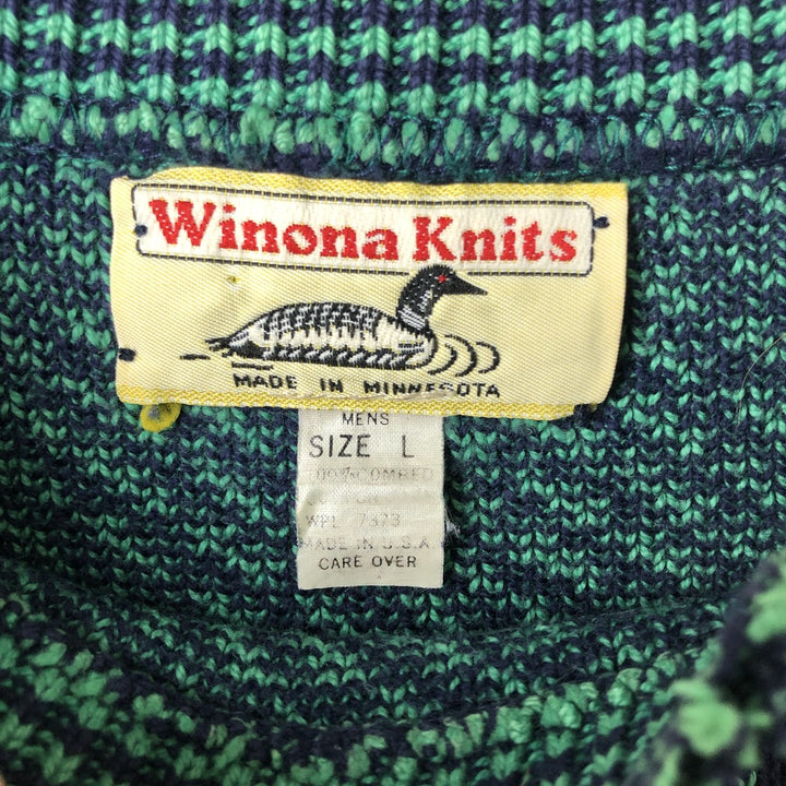 Vintage 90'S Winona Knits Birdseye Pattern Mock Neck Cotton Knit Sweater, Made in USA, Men's Size L cotton navy blue type Vintage Second Hand