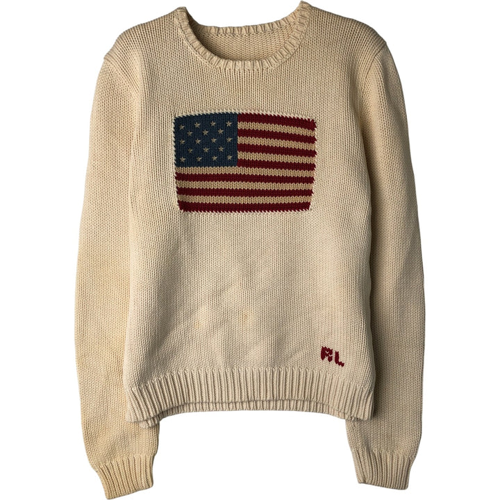 Ralph Lauren Stars and Stripes Cotton Knit Sweater, Women's Size Small unclear ivory Vintage Second Hand