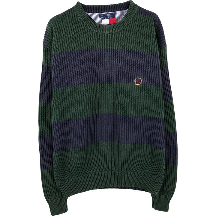 90'S Tommy Hilfiger Striped Pattern Ribbed Cotton Knit Sweater, Men's Size XL cotton navy blue type Vintage Second Hand