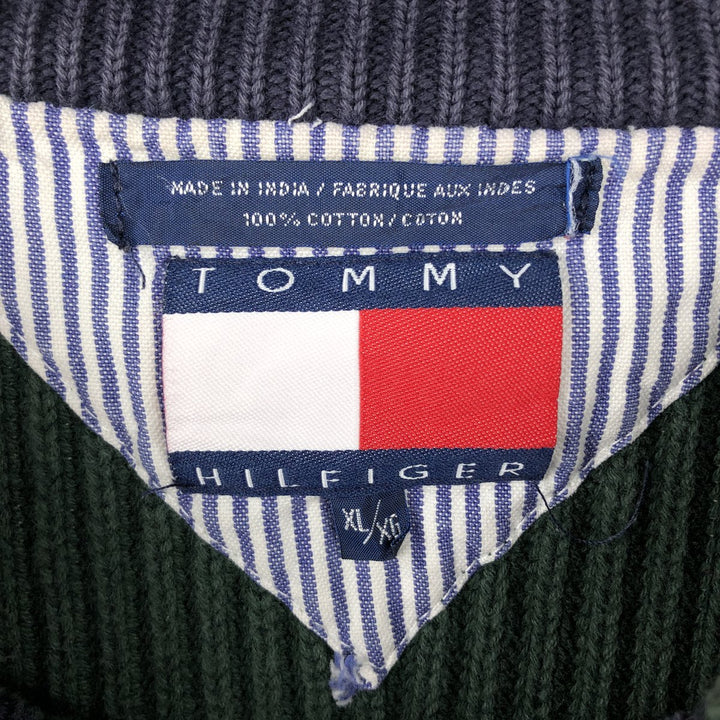 90'S Tommy Hilfiger Striped Pattern Ribbed Cotton Knit Sweater, Men's Size XL cotton navy blue type Vintage Second Hand